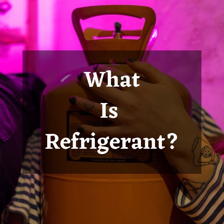 a person holding an orange colored refrigerant gas cylinder